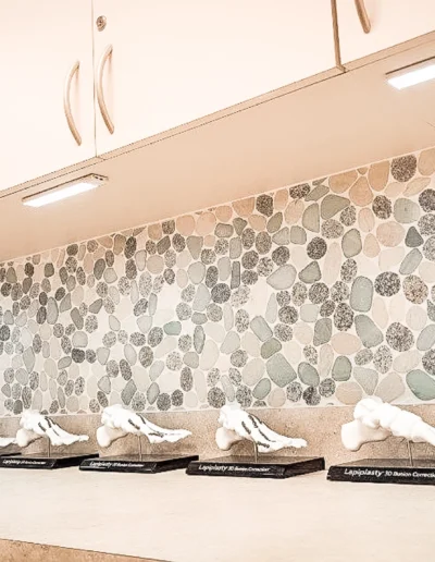 Dovetail orthopedics exam room with mounted 3D models of feet, countertop and pebble wall