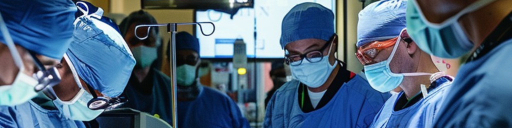The image depicts a group of surgeons in an operating room. They are wearing blue surgical gowns and masks. The focus is on the teamwork and concentration evident as they engage in a medical procedure. Some of them are wearing surgical loupes, suggesting the delicate nature of the surgery. Overhead, surgical lights provide illumination, essential for the intricate work being performed. There is a sense of urgency and precision, with each member playing a critical role in the success of the operation. The environment appears to be sterile and well-equipped for medical procedures.