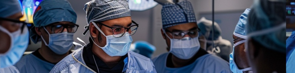 
This image shows a close-up view of a team of surgeons performing a procedure. The surgical team is dressed in scrubs, caps, and protective masks. The intensity and focus on their faces underscore the critical nature of their work. The background is blurred, bringing the viewer’s attention to the expressions and details on the surgeons' faces. Their protective eyewear reflects the bright surgical lights above, emphasizing the high-stakes environment in which they operate. This image captures a moment that is both common in healthcare settings and remarkable for the skill and coordination it requires.