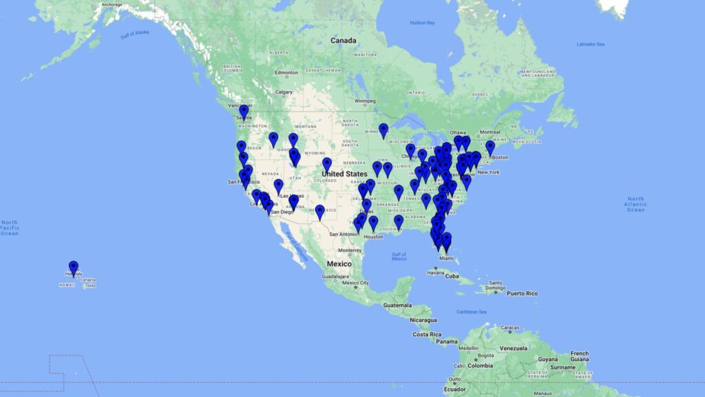 Map showing the spread of orthopedic knowledge across the United States with numerous blue markers indicating various locations.