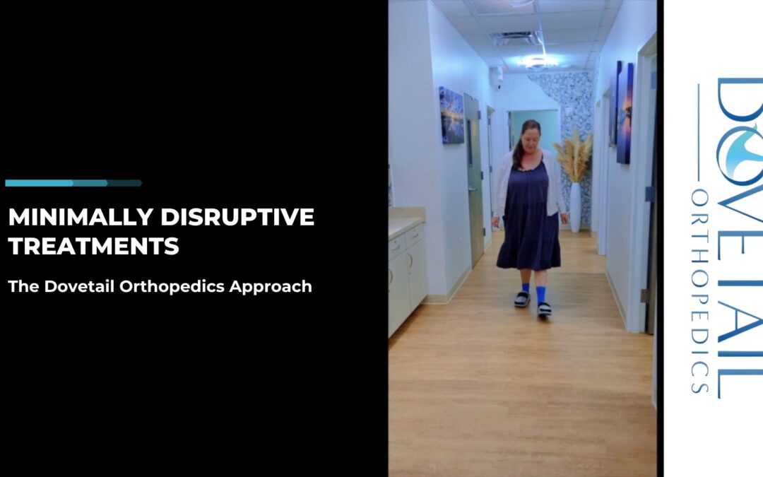 Minimally Disruptive Treatments - The Dovetail Orthopedics Approach: Image shows a patient walking down a brightly lit hallway in a medical clinic, illustrating the supportive and welcoming environment at Dovetail Orthopedics